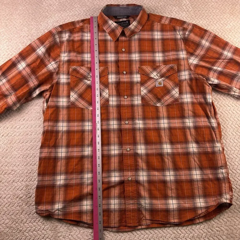 Carhartt Men’s‎ XL Pearl Snap Orange Plaid Relaxed Fit Rugged Flex